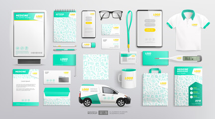 Medical Center and Pharmacy brand identity Mockup template. Medical corporate identity white and blue color design. Clinic branding mockup of brochure, advertising city lightbox, seamless pattern
