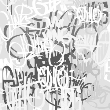 Graffiti street art abstract hip hop tags - grey and white vector seamless pattern. Hip Hop style hand drawn endless background for print fabric and textile design. Spray paint graffiti tags