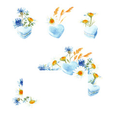summer dessert. Set of illustrations French pastries and wildflowers, hand-drawn on a white background.