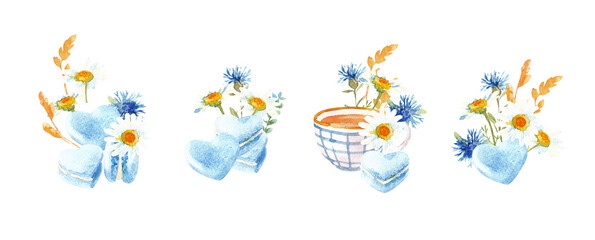 summer dessert. Set of illustrations French pastries and wildflowers, hand-drawn on a white background.
