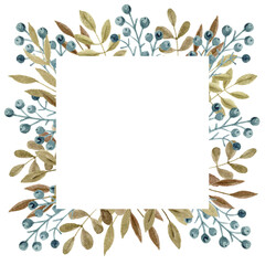 Hand drawn watercolor painting with greenery frame composed of green twigs and leaves. Foliage frame for wedding invitation or greenery border for stationery.