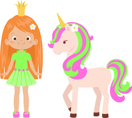 Cute happy princess standing with unicorn. Fairy tale illustration for children's book. Cartoon illustration isolated on white. Vector art