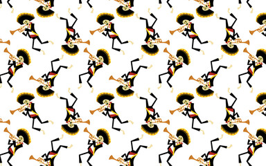 Mexican Day of the Dead skeletons playing trumpets. Seamless pattern tile background.