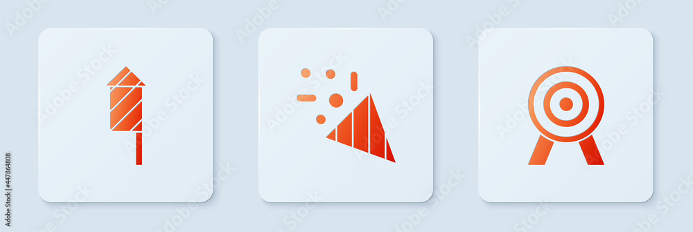 Poster set festive confetti, firework rocket and target. white square button. vector