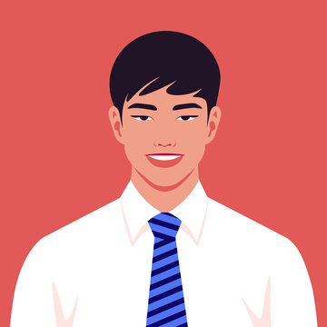An Asian man’s face. An avatar of a happy businessman. A young politician smiles. Vector flat illustration
