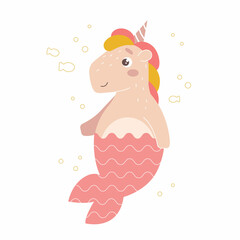 Cute cartoon unicorn wearing mermaid tail and swimming. Kawaii animal character. Flat vector illustration isolated on white. For posters, print, postcard, child's production, stickers,invitations.