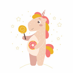 Cute cartoon unicorn holding donut and lollipop. Kawaii animal character. Flat vector illustration isolated on white. For posters, print, postcard, child's production, stickers,invitations.