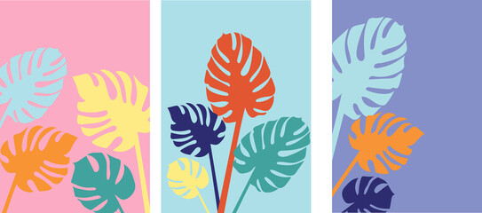 Collection of modern artistic abstractions with tropical plants (monstera leaves) on colored background