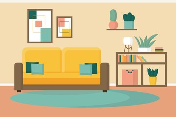  Living room with yellow sofa. Sofa with pillows. Living room with bookcase.Living room interior. Comfortable sofa, carpet and houseplants. Vector banner .Cozy home interior design. 