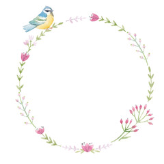 Beautiful floral wreath with cute watercolor hand drawn abstract wild flowers and bird. Stock illustration.