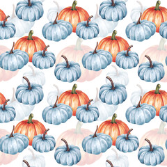 Autumn pumpkins are orange and blue on a white background