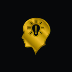 Bald Head With Lightbulb With Exclamation Sign Inside gold plated metalic icon or logo vector