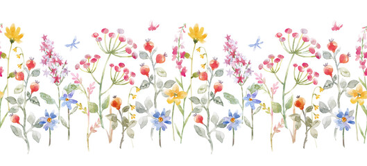 Beautiful floral seamless pattern with cute watercolor hand drawn abstract wild flowers. Stock illustration.