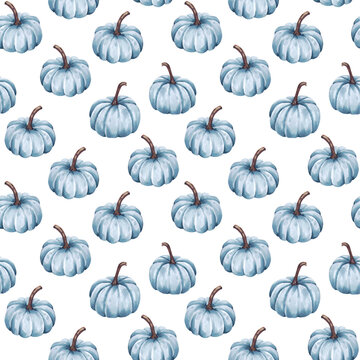 blue pumpkin on a white background seamless pattern vintage