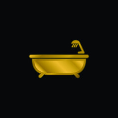 Bath Tub With Shower gold plated metalic icon or logo vector