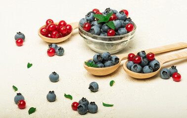  bowl with currants and blueberries close-up on grey background.