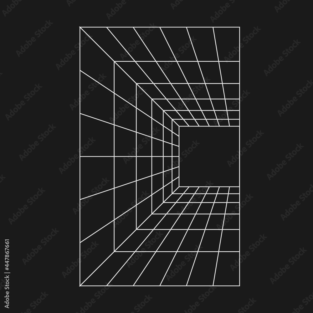 Poster retrofuturistic perspective grid tunnel. cyber retro design element. wireframe tunnel in cyberpunk 8