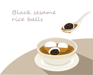 Black sesame rice balls dumplings in hot ginger syrup sweet soup on white background. Vector illustration.