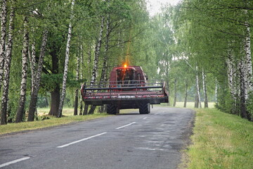 Harvester combine with yellow flashlighe drive on country asphalt road between the Birch trees in...