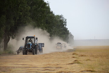 Fototapeta premium A many wheeled tractors with harvester trailers fast drive on dusty road on harvested linen field edge, linum harvesting in Europe at summer day