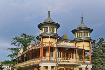 View of former Gukasov coffee house (monument of history and architecture, 1908), nowadays coffee house and Vernissage. Pyatigorsk, Stavropol Krai, Caucasus, Russia.