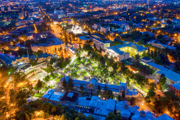Aerial view of Tsvetnik park on a summer night. Pyatigorsk, Stavropol Krai, Caucasus, Russia.
