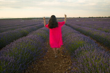 back portrait of young happy and beautiful woman in Summer dress enjoying nature running free and playful outdoors at purple lavender flowers field in romantic beauty concept