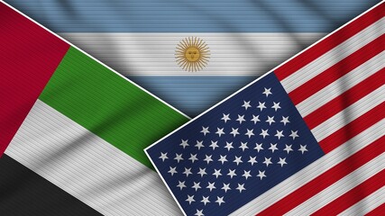 Argentina United States of America United Arab Emirates Flags Together Fabric Texture Effect Illustration