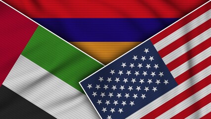 Armenia United States of America United Arab Emirates Flags Together Fabric Texture Effect Illustration