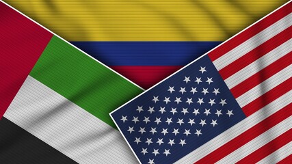 Fototapeta premium Colombia United States of America United Arab Emirates Flags Together Fabric Texture Effect Illustration