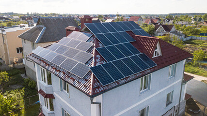 Solar panels placed on the roof of a residential, country house