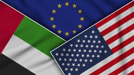 European Union United States of America United Arab Emirates Flags Together Fabric Texture Effect Illustration