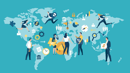 Global Business. Illustration of a business team standing on map. Business illustration