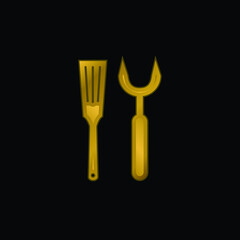 Barbacue Utensils gold plated metalic icon or logo vector