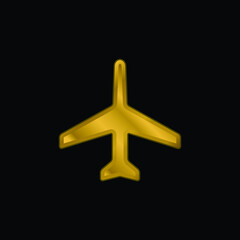Airplane Pointing Up gold plated metalic icon or logo vector