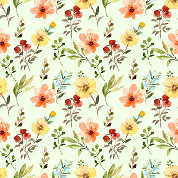 Floral Seamless watercolor pattern with green background