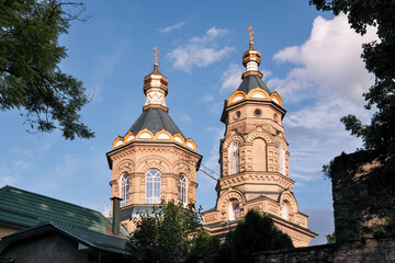View of Lazarus church (Lazarevskaya church, 1902) from Necropolis on sunny summer day. Pyatigorsk,...
