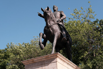 View of genaral Ermolov equestrian statue in central park on sunny day. Pyatigorsk, Stavropol Krai, Russia.