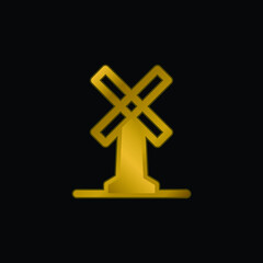 Big Windmill gold plated metalic icon or logo vector
