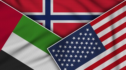 Norway United States of America United Arab Emirates Flags Together Fabric Texture Effect Illustration