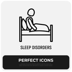 Insomnia thin line icon: sleep disorders, tired man sitting in his bed. Depression, sleepless, anxiety. Vector illustration.