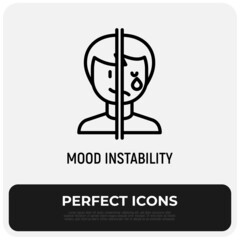 Bipolar disorder, mood instability thin line icon. Mental illness. One half of face is happy, other is crying. Vector illustration.