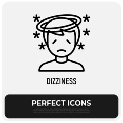 Dizziness, disorientationthin line icon. Disorganized, hangover, vertigo. Symptom of illness. Vector illustration.