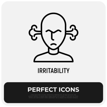 Irritability, Annoyance Thin Line Icon: Man Is Angry And Steam Is Coming Out From His Ears. Burnout, Overworked. Vector Illustration.