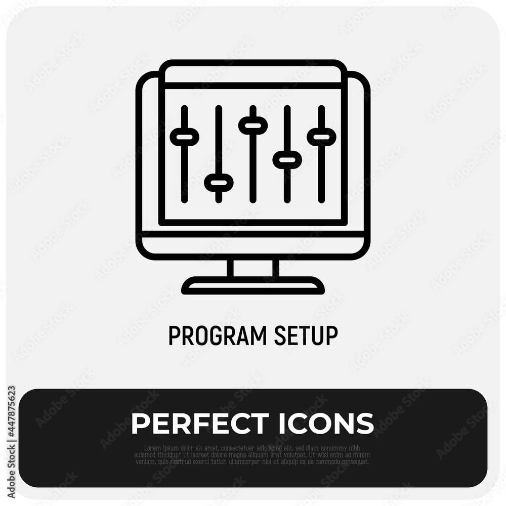 Poster program setup thin line icon, settings on pc. software installation. modern vector illustration.