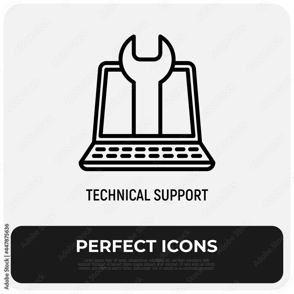 Aufkleber technical support: open laptop with wrench thin line icon. it support. modern vector illustration.