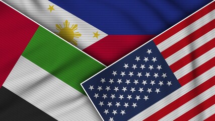 Fototapeta premium Philippines United States of America United Arab Emirates Flags Together Fabric Texture Effect Illustration