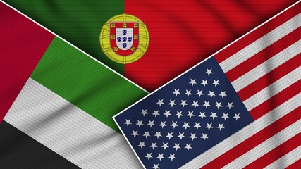Portugal United States of America United Arab Emirates Flags Together Fabric Texture Effect Illustration