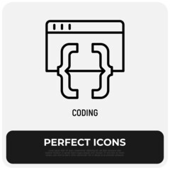 Coding, programming thin line icon. Web page with code symbol. Modern vector illustration.