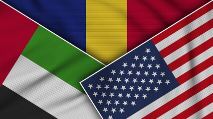 Fototapeta premium Romania United States of America United Arab Emirates Flags Together Fabric Texture Effect Illustration